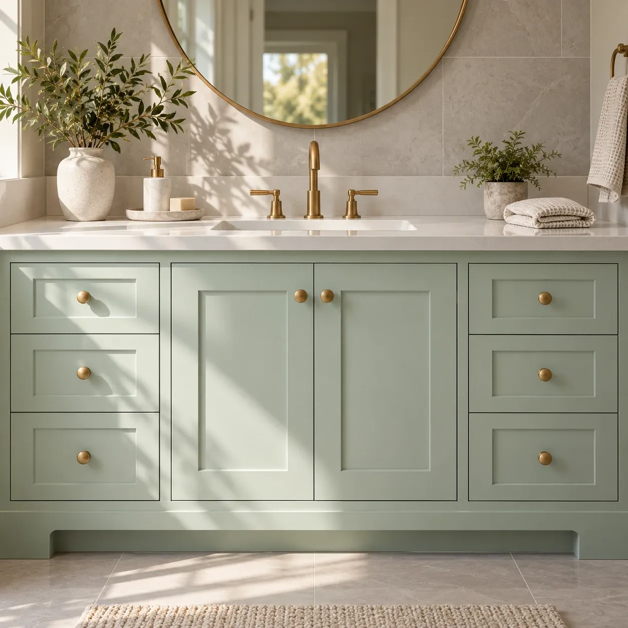 Illustration: bathroom vanity painted warm sand with bronze knobs