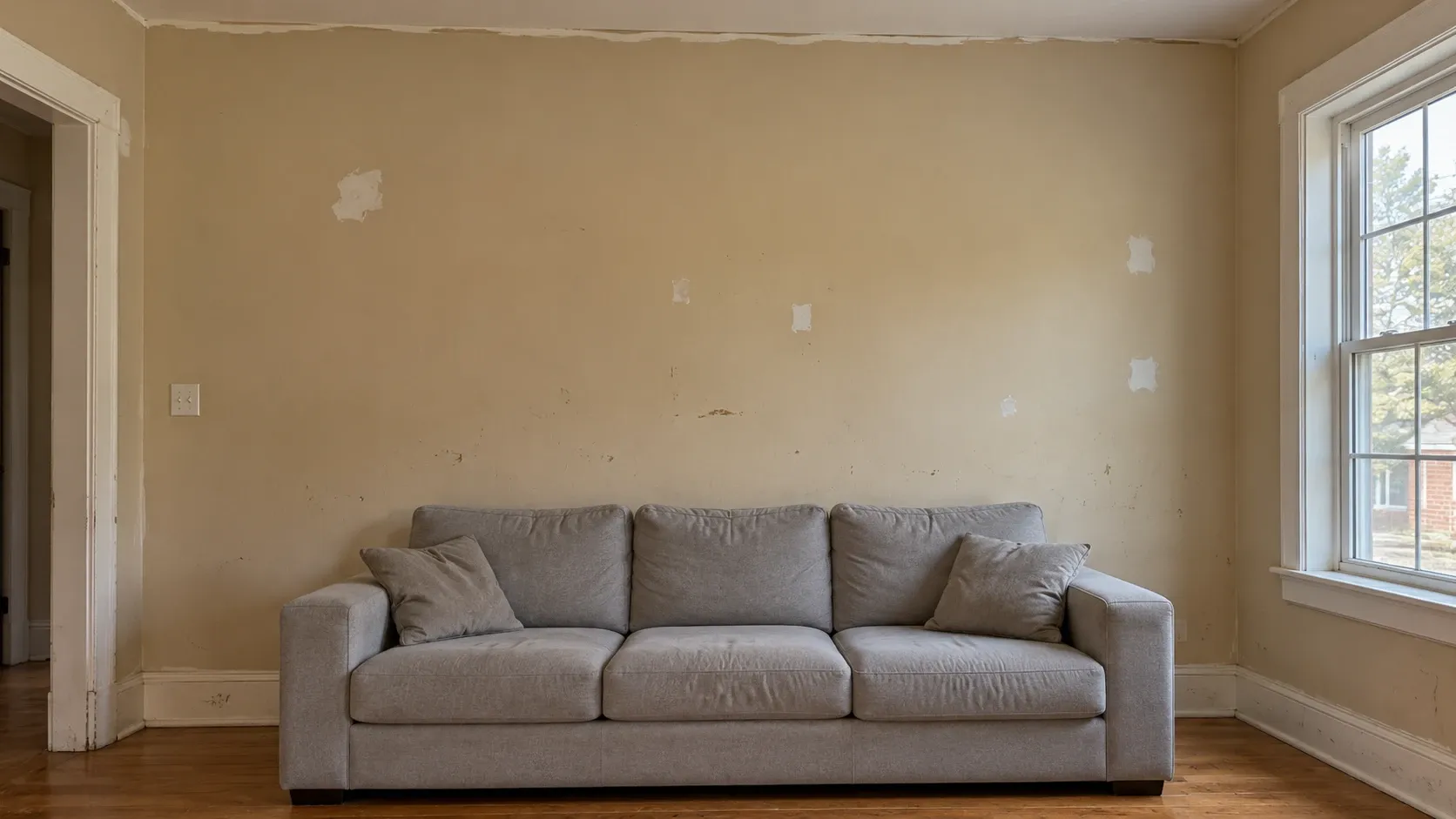 Demonstration: living-room wall before painting, with tired beige paint