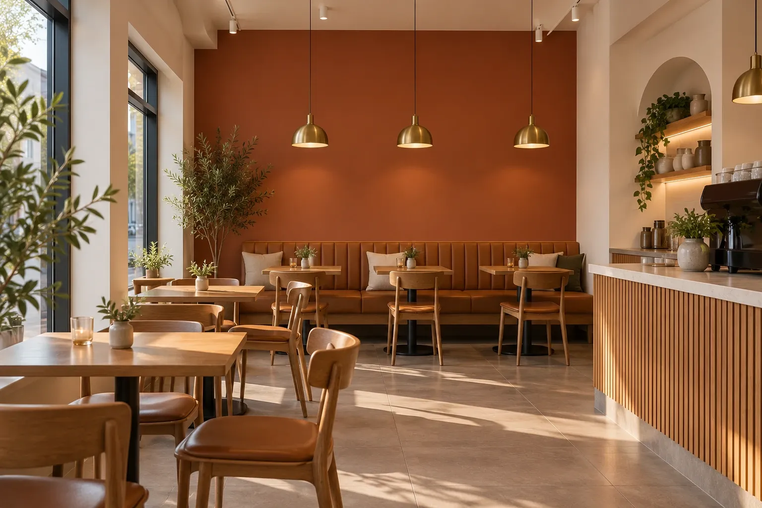 Illustration: a café interior with a deep green painted feature wall