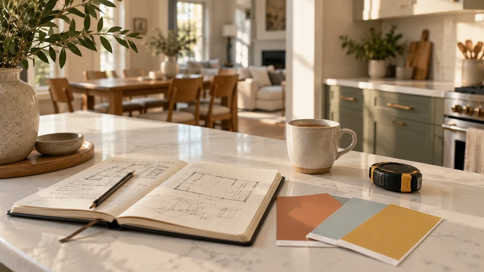 Notebook, tape measure and colour chips on a kitchen island