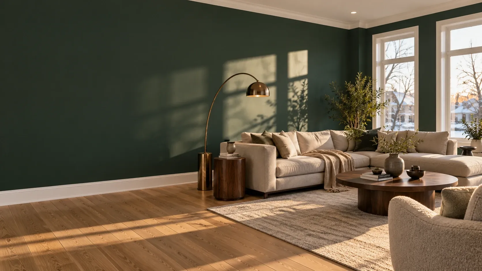Living room with deep green painted walls, white trim and warm afternoon light