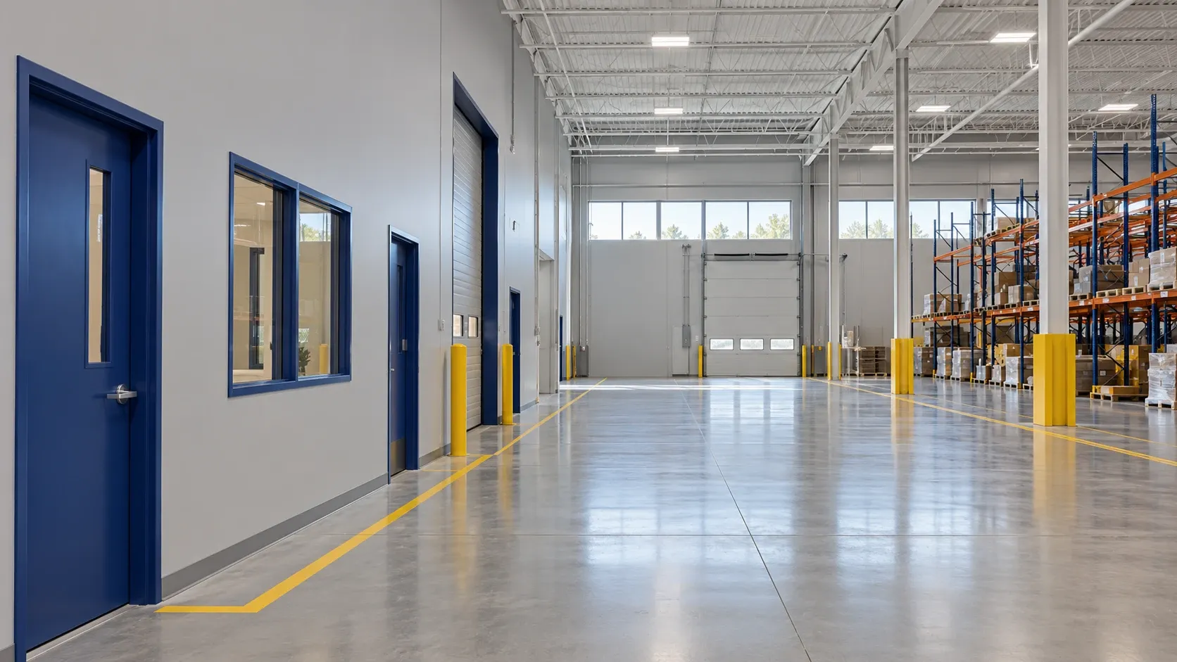 Clean industrial unit with light grey painted walls and a high white ceiling