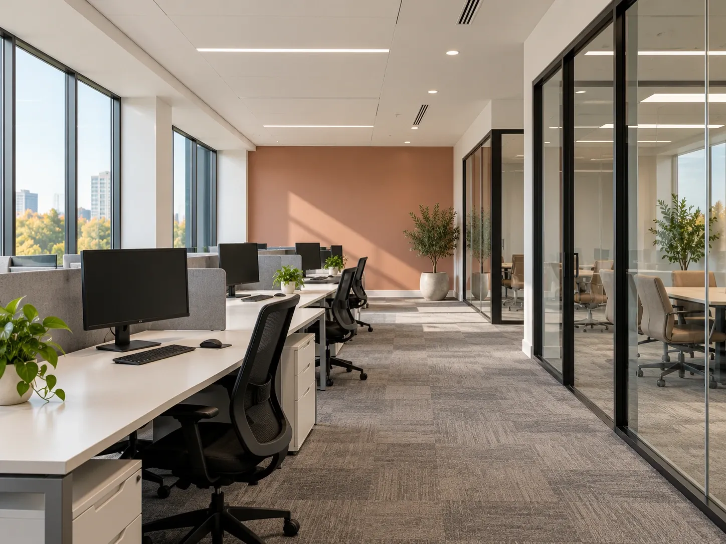 Open-plan office with a deep green accent wall and clean white ceiling
