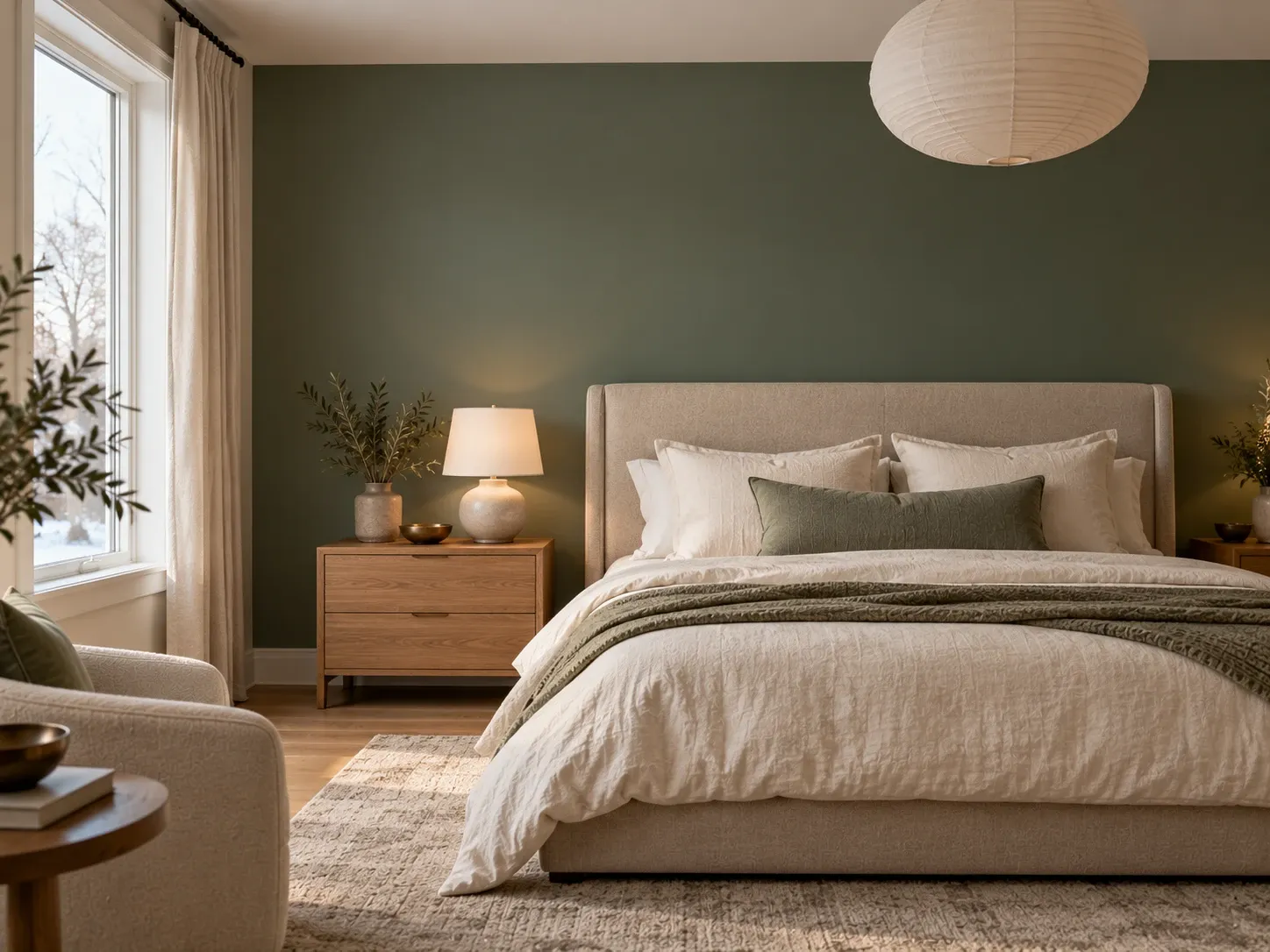 Calm bedroom with a muted green painted wall and a crisp white ceiling line