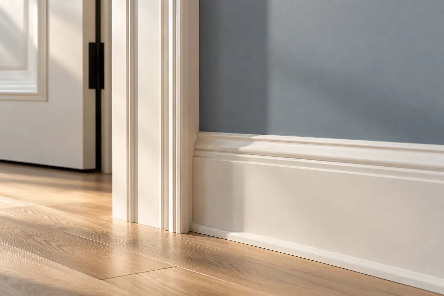 Detail of an ivory door casing and baseboard against a deep green painted wall