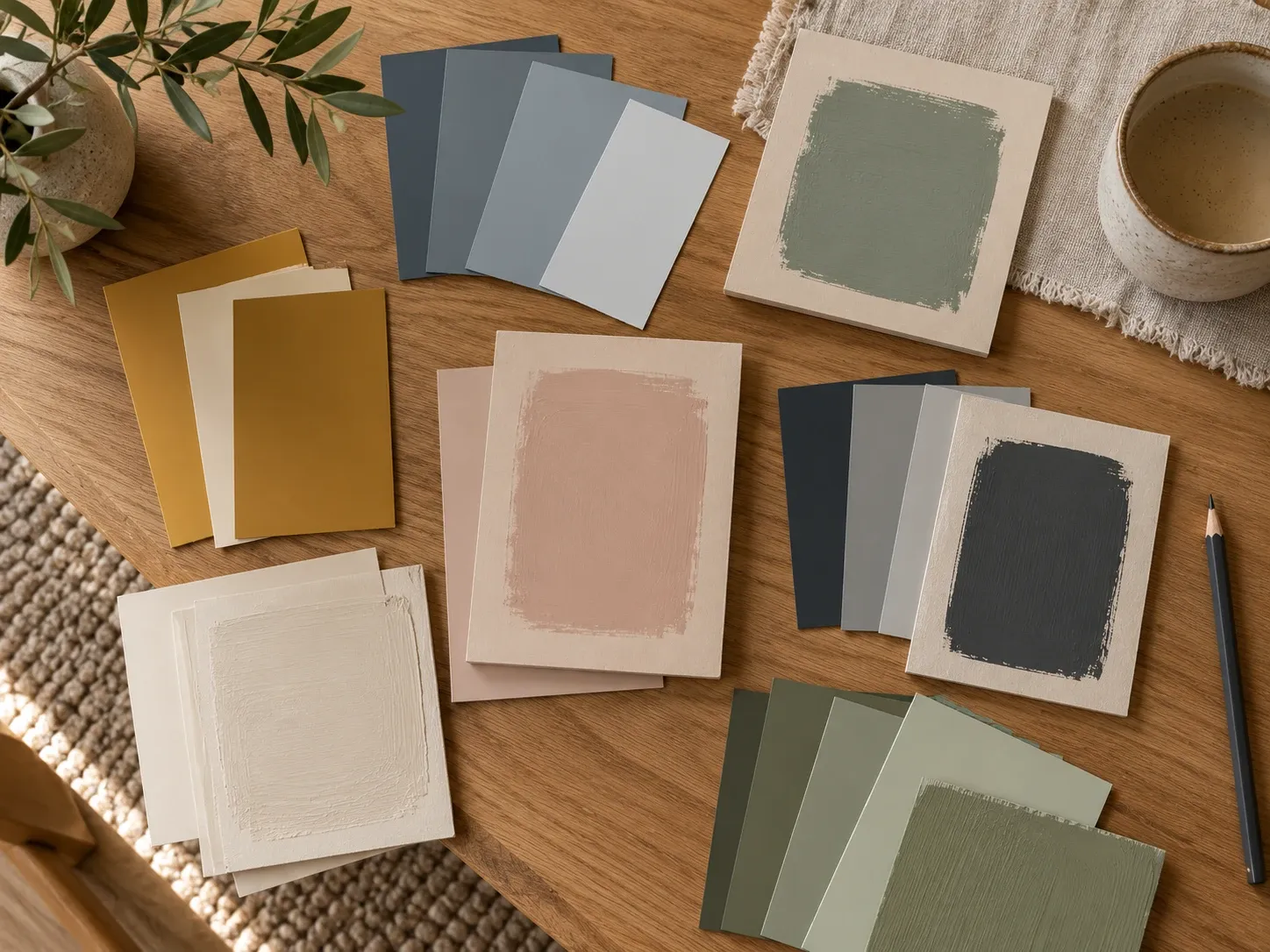 Unbranded colour swatches and painted sample boards on an oak table