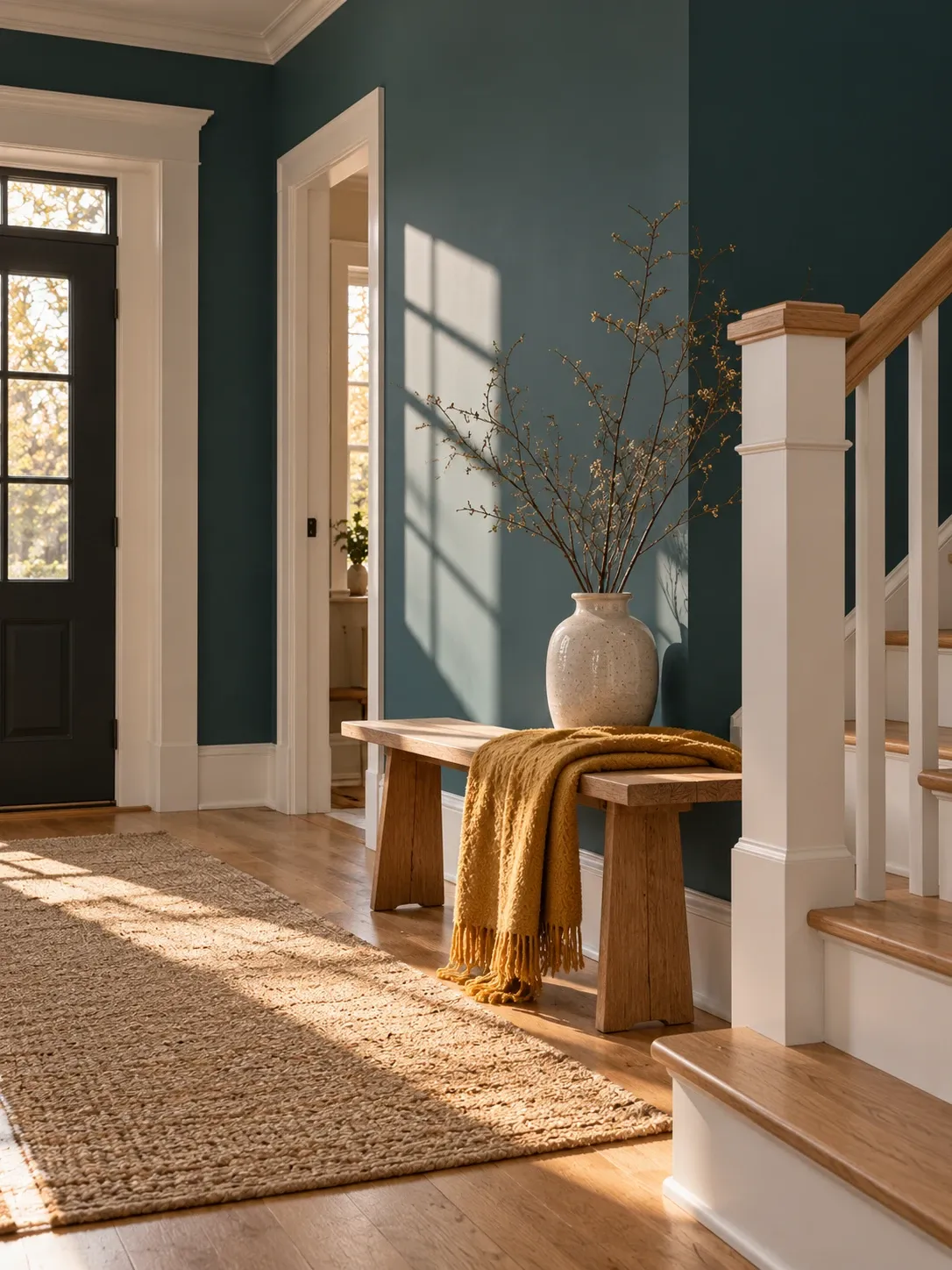 Sunlit entrance hall with a warm painted wall and a wooden bench