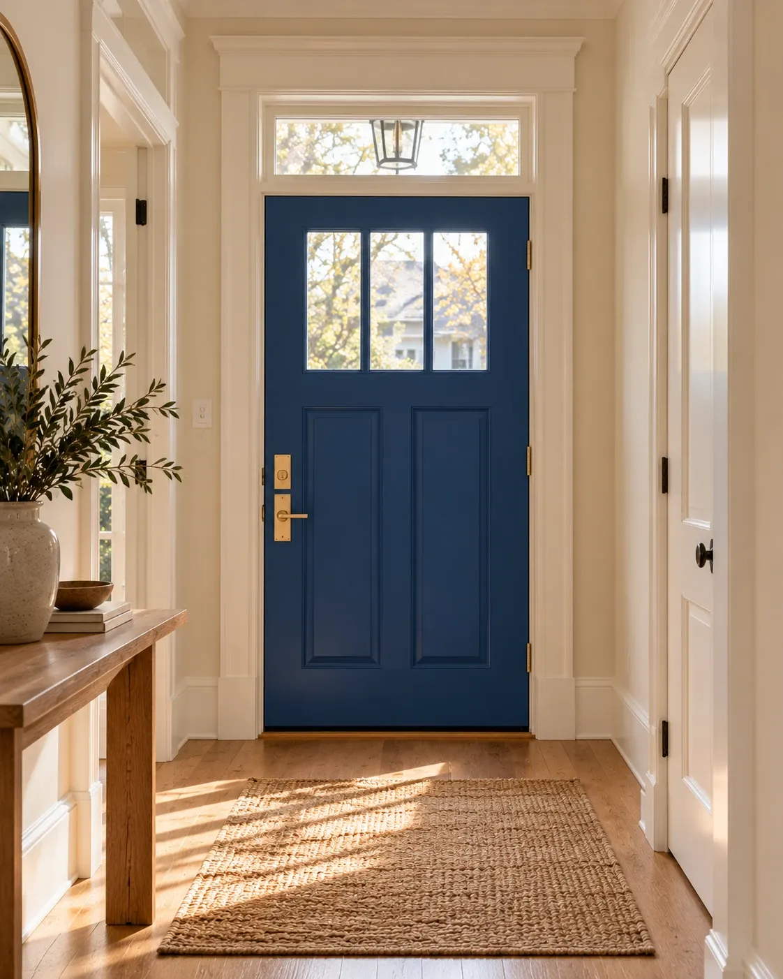 A deep green painted front door seen from a bright vestibule