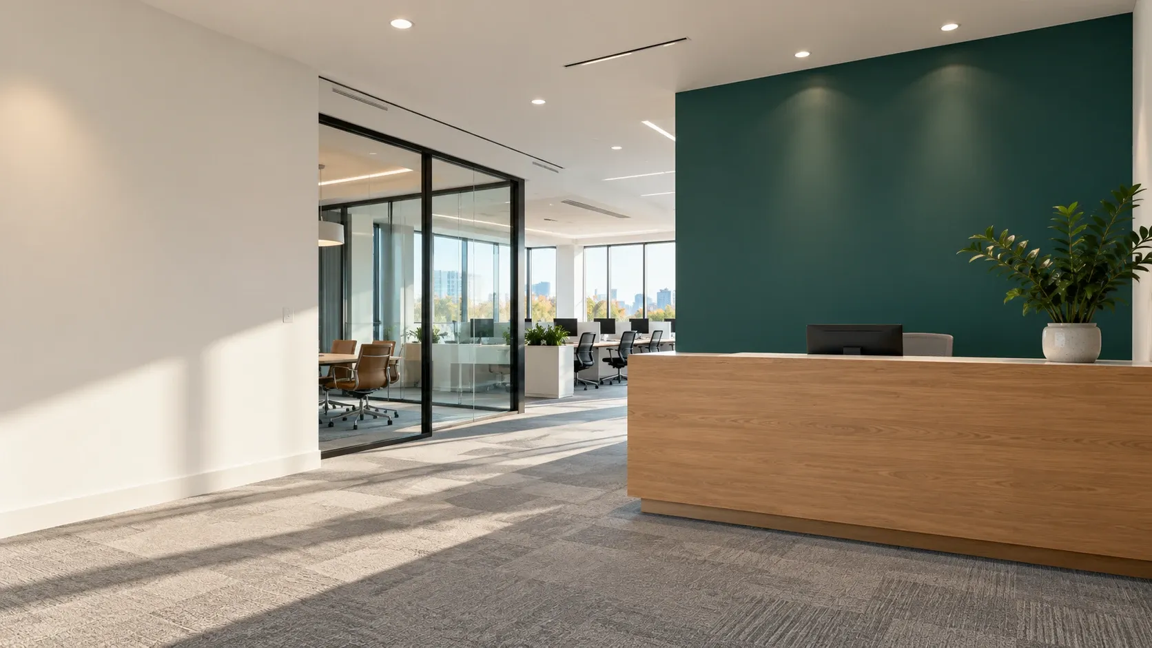Modern office reception with a deep green painted feature wall and a crisp white ceiling