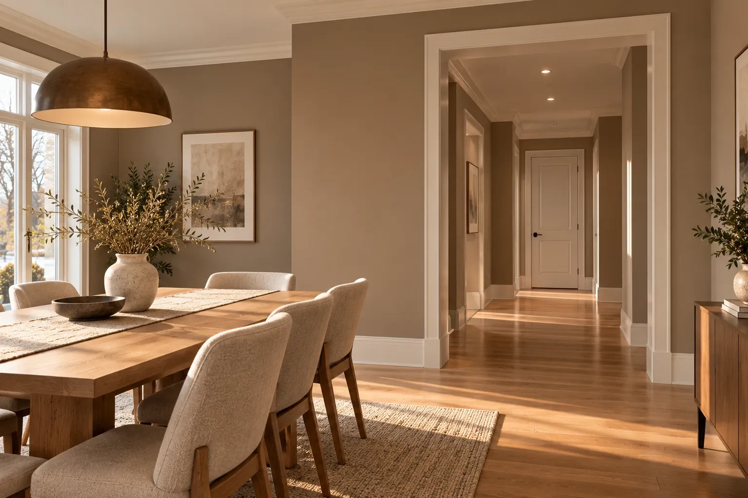 Dining area and hallway with freshly painted warm clay walls and ivory trim