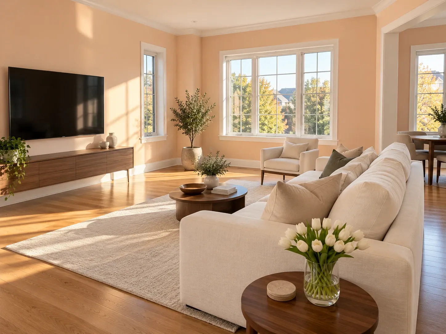 Freshly painted living room, spotless and sunlit, with fresh tulips on a side table