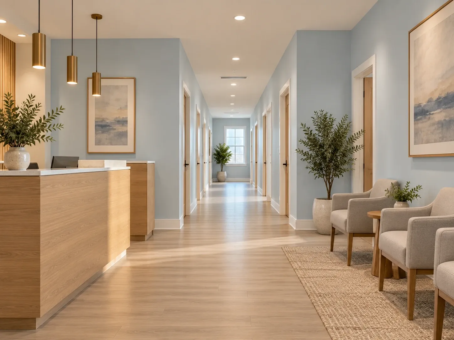 Calm clinic waiting area and corridor with soft sage and warm white walls