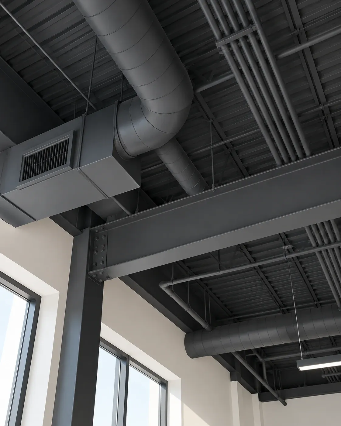Looking up at an exposed ceiling with ductwork and steel painted in a single even colour