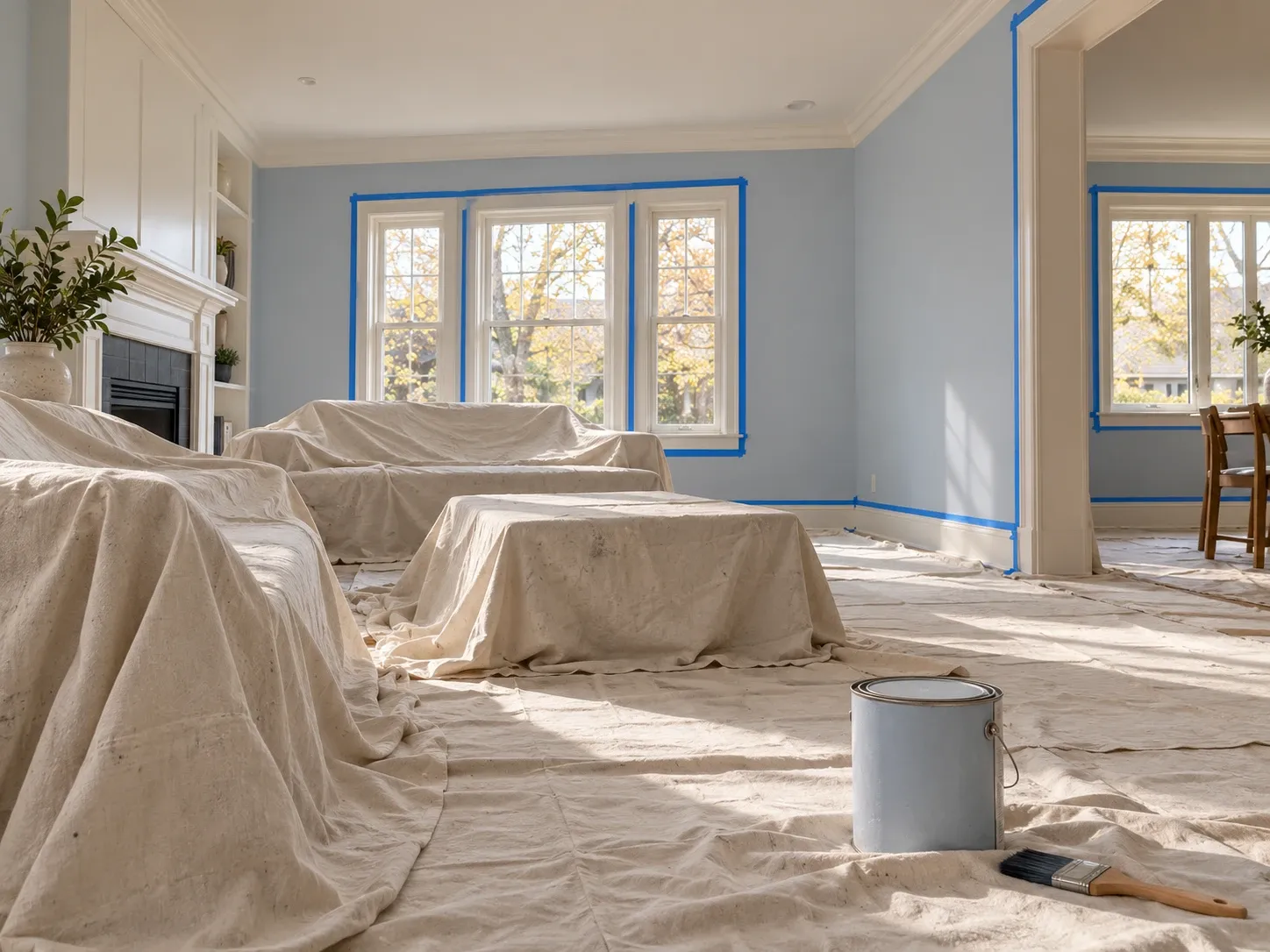 Living room prepared for painting with drop cloths and neatly masked trim