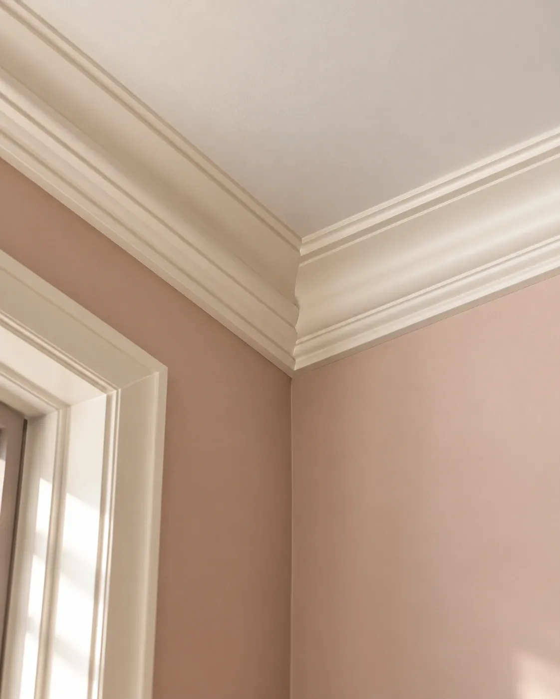 Ivory crown moulding meeting a warm sand painted wall