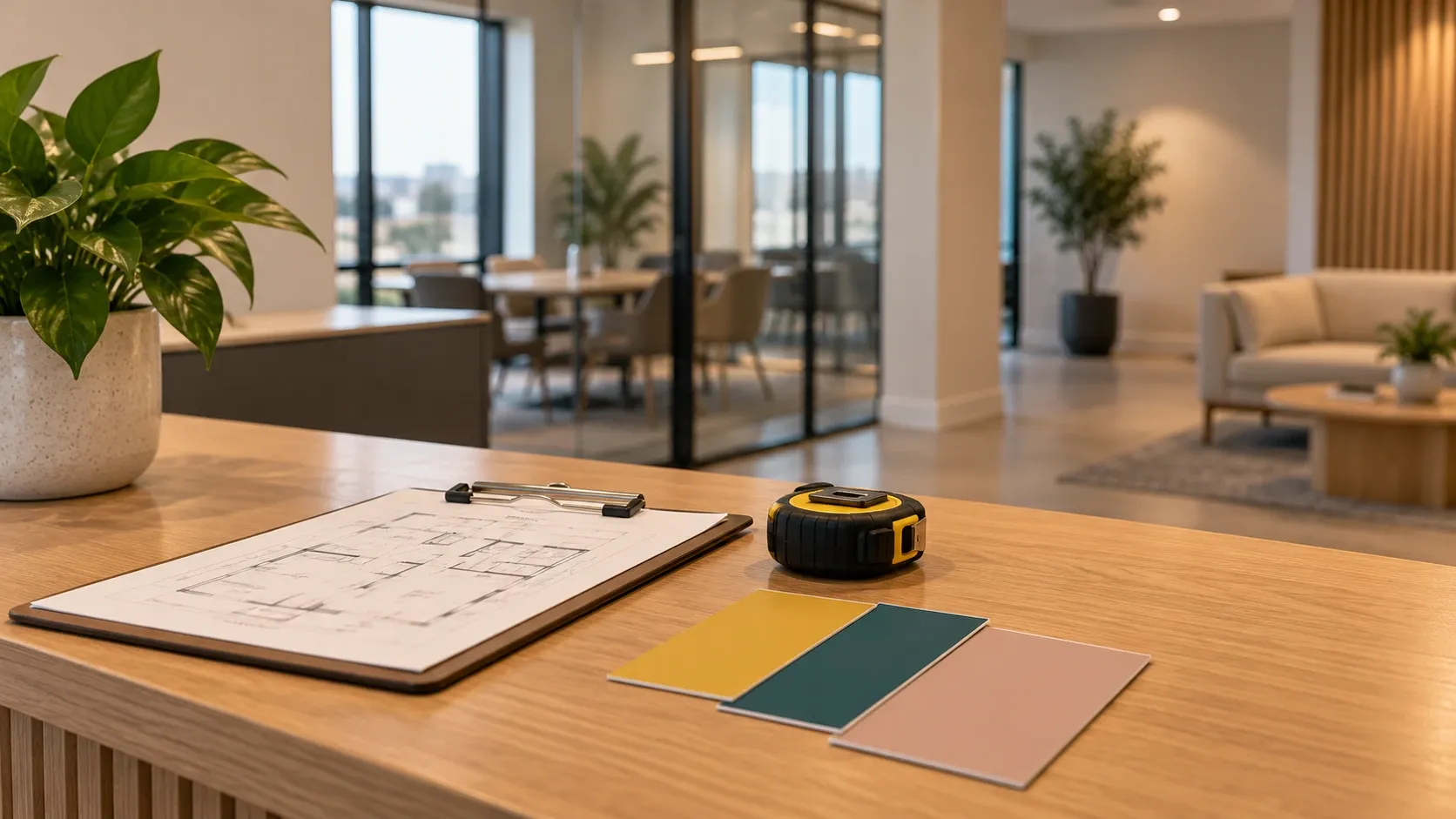 Clipboard, tape measure and colour swatches on a reception counter