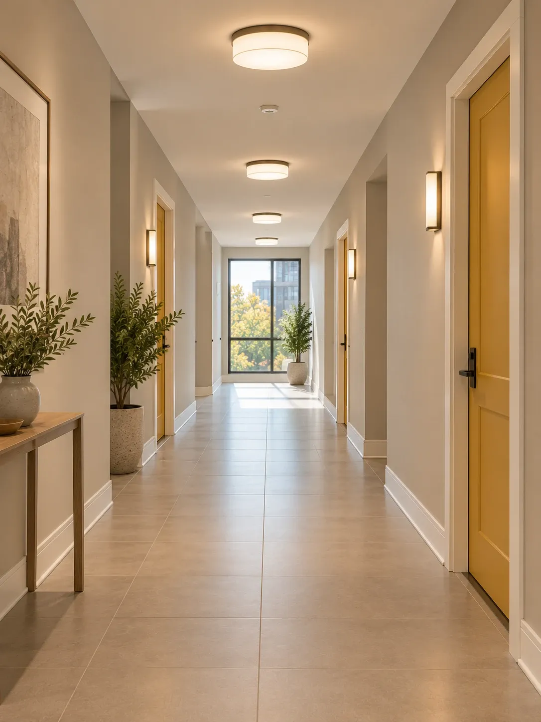 Apartment building corridor with warm greige walls and deep green doors