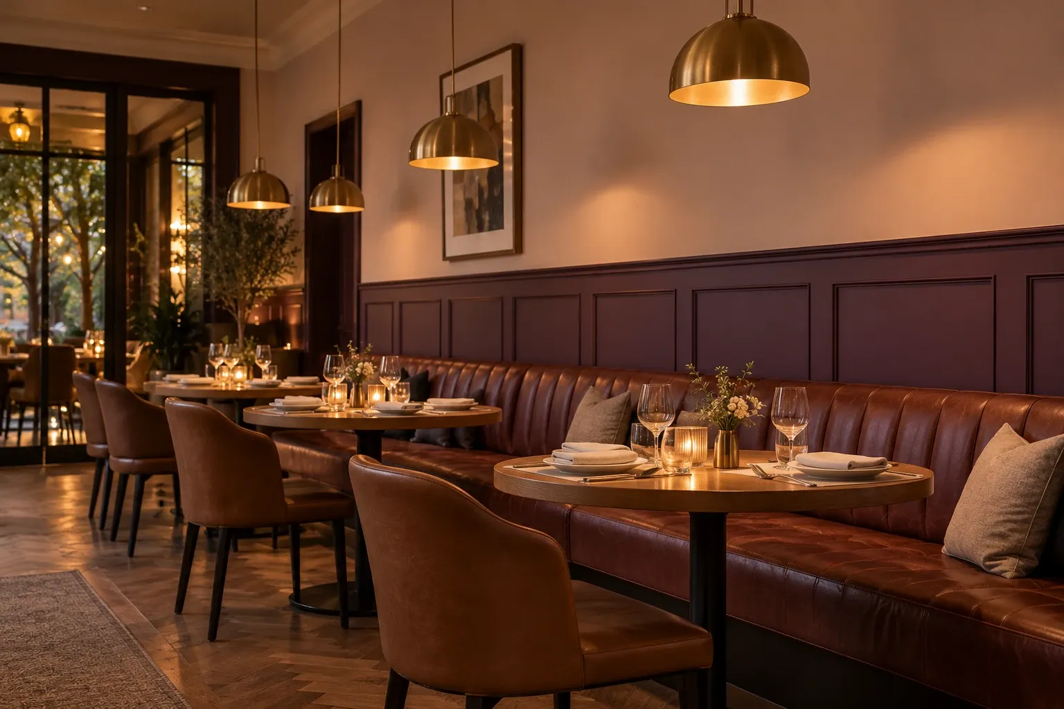 Restaurant dining room with deep green wainscoting and a warm sand upper wall