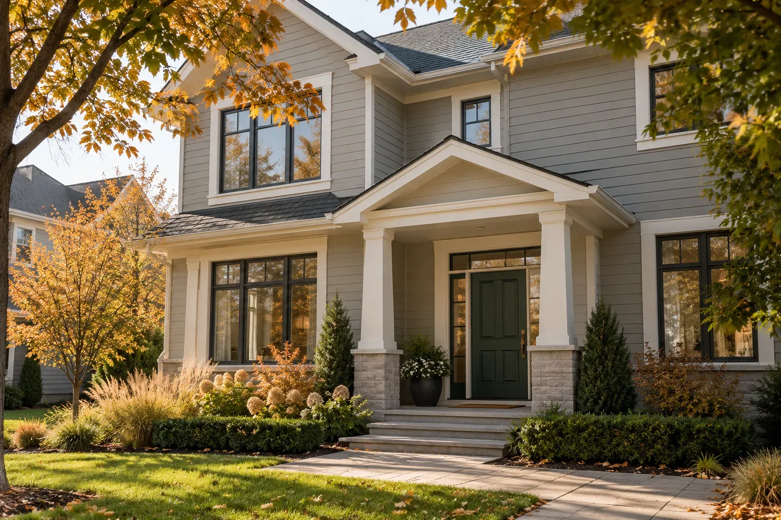Two-storey home with freshly painted siding, crisp trim and a deep green front door