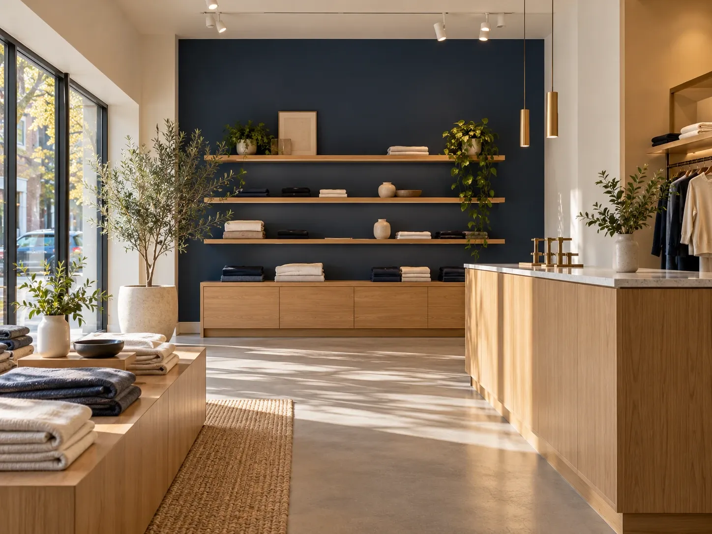 Boutique shop interior with a warm sand feature wall and bronze fittings