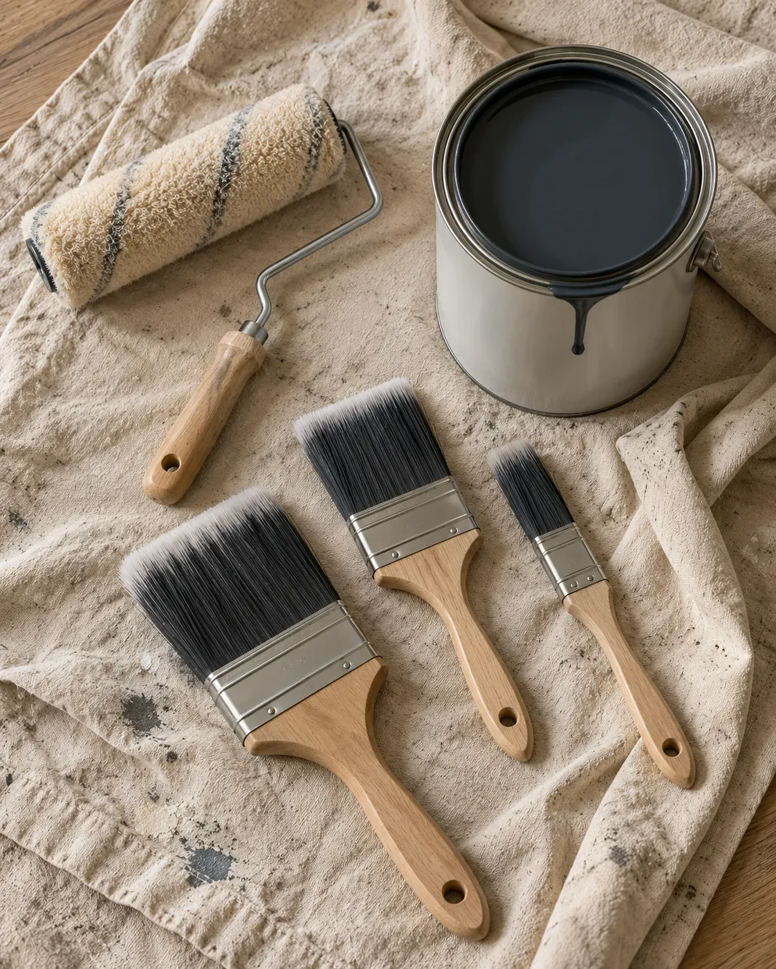 Painting brushes and a roller arranged on a canvas drop cloth